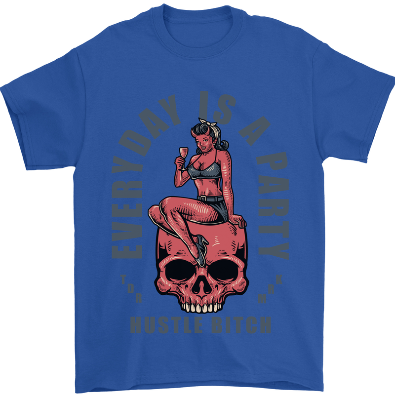 Every Day Is a Party Hustle Skull Alcohol Mens T-Shirt Cotton Gildan Royal Blue
