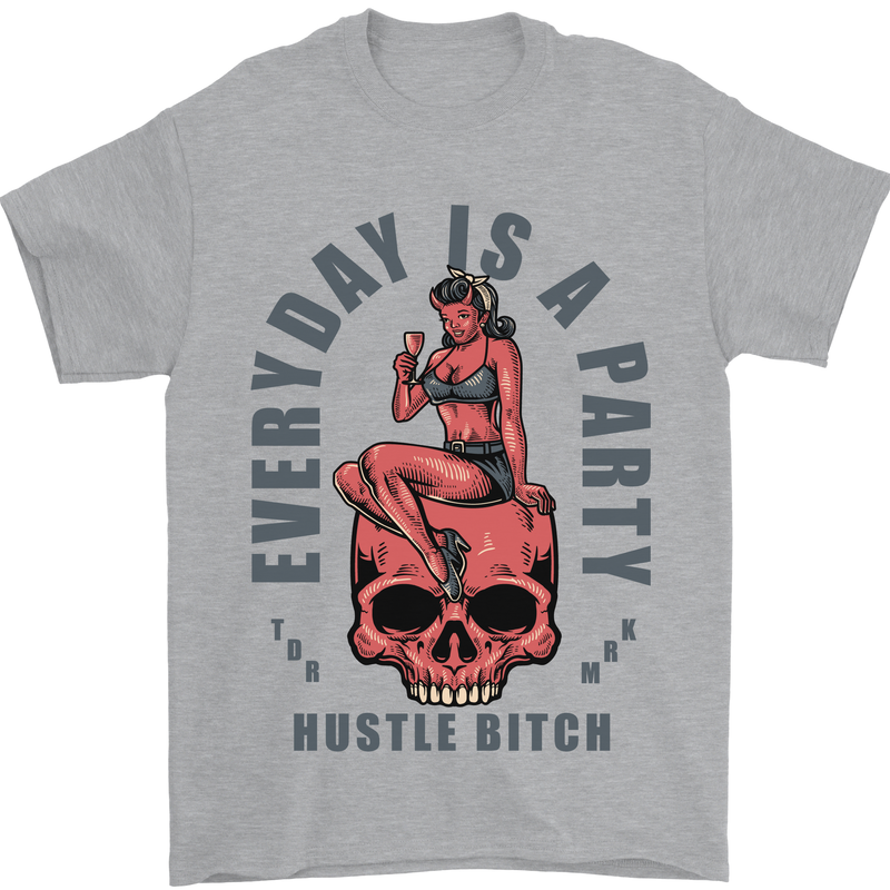 Every Day Is a Party Hustle Skull Alcohol Mens T-Shirt Cotton Gildan Sports Grey