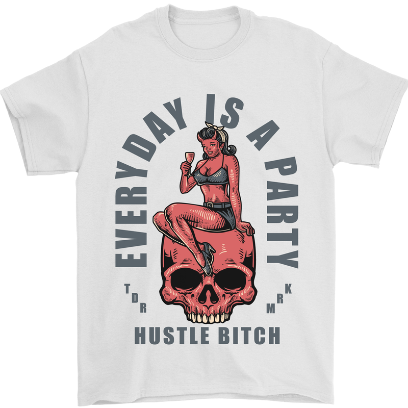 Every Day Is a Party Hustle Skull Alcohol Mens T-Shirt Cotton Gildan White