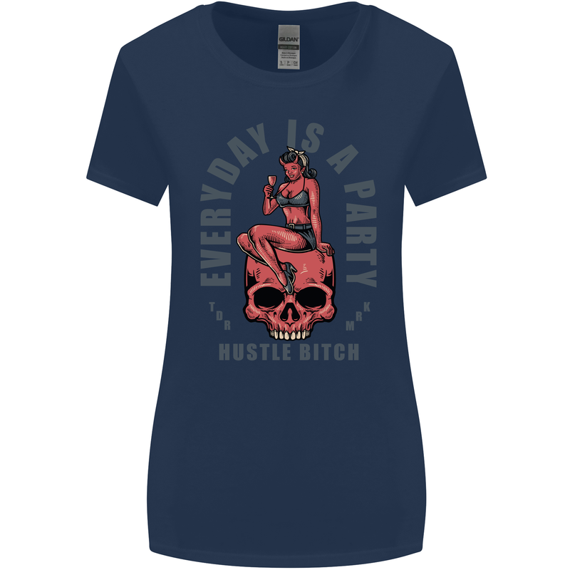Every Day Is a Party Hustle Skull Alcohol Womens Wider Cut T-Shirt Navy Blue
