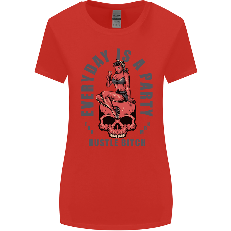 Every Day Is a Party Hustle Skull Alcohol Womens Wider Cut T-Shirt Red