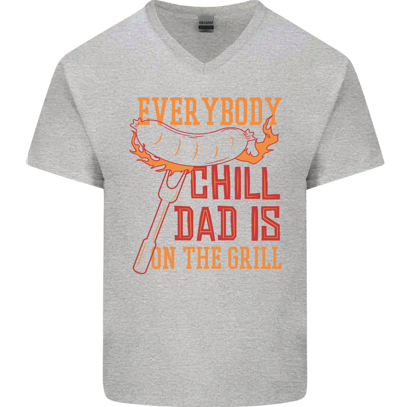 Everybody Chill Dad Is on the Grill Mens V-Neck Cotton T-Shirt Sports Grey