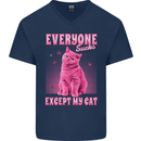 Everyone Sucks Except My Cat Mens V-Neck Cotton T-Shirt Navy Blue