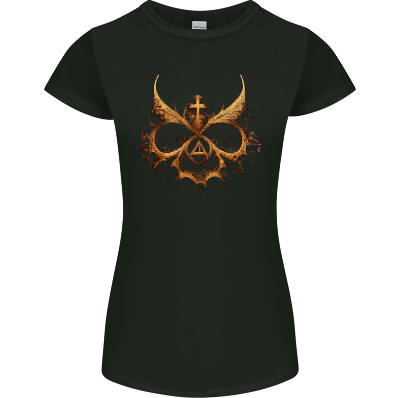 Evil Mask Black Magic Devil Worship Ouija Skull Womens Petite Cut T-Shirt Black