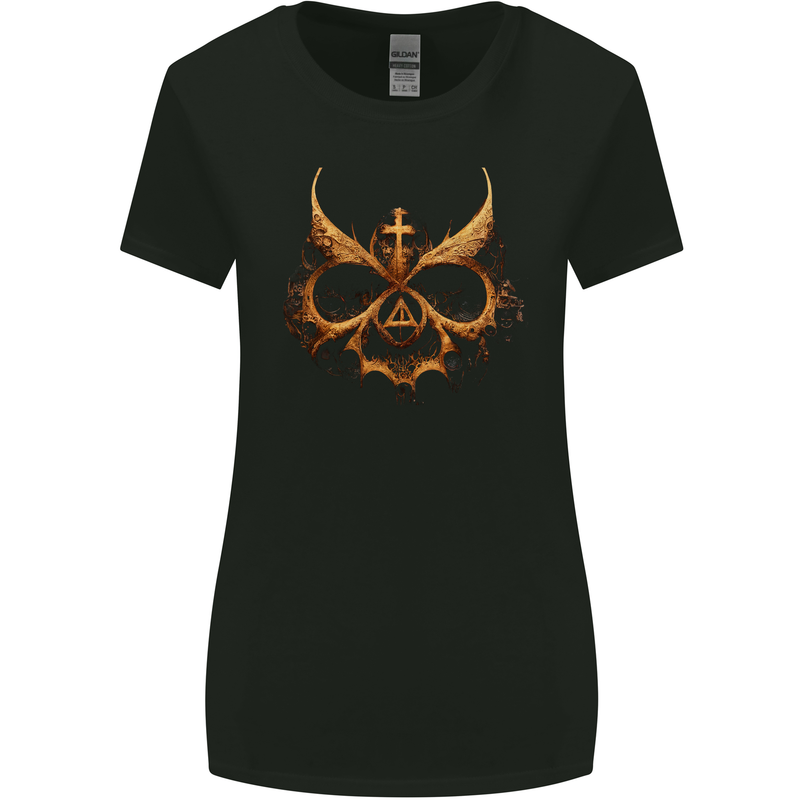 Evil Mask Black Magic Devil Worship Ouija Skull Womens Wider Cut T-Shirt Black