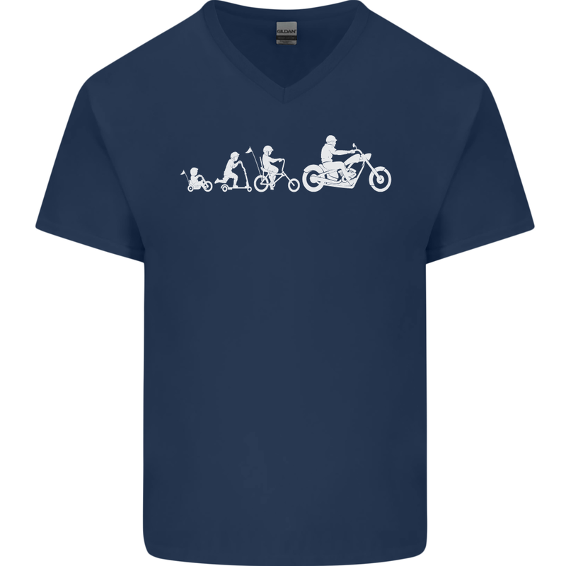 Evolution Motorcycle Motorbike Biker Mens V-Neck Cotton T-Shirt Navy Blue