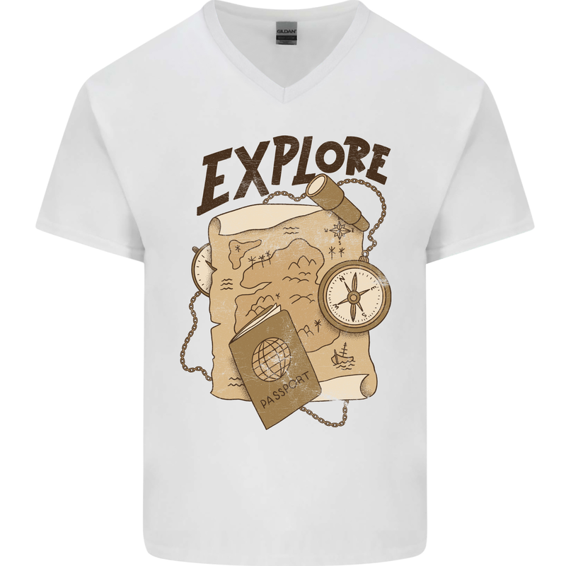 Explore Travel Orienteering Mountaineering Mens V-Neck Cotton T-Shirt White