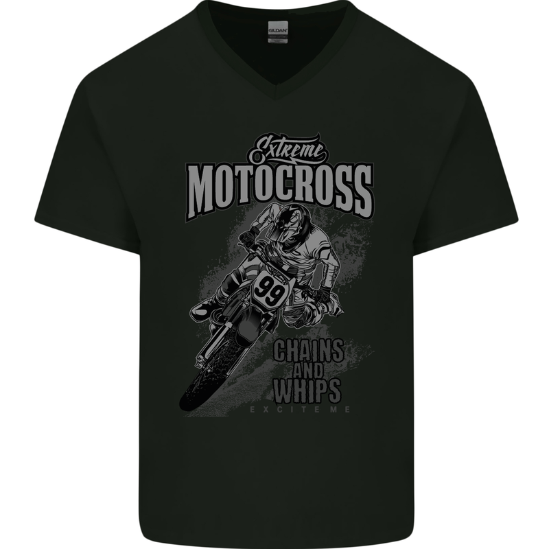 Extreme Motocross Dirt Bike MotoX Motosport Mens V-Neck Cotton T-Shirt Black