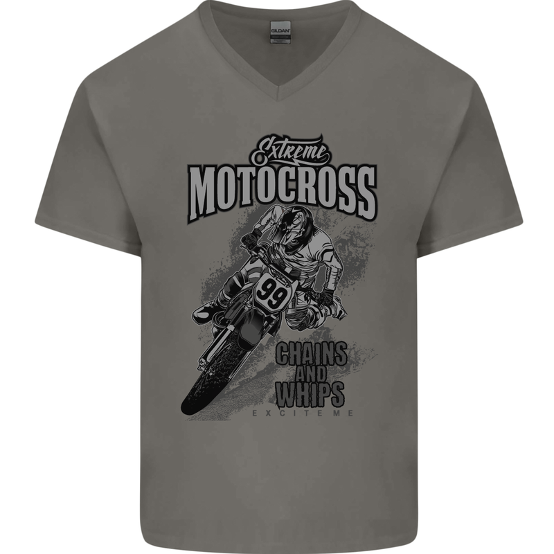 Extreme Motocross Dirt Bike MotoX Motosport Mens V-Neck Cotton T-Shirt Charcoal