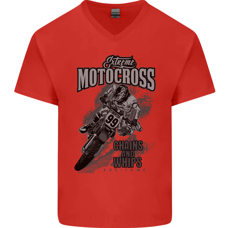 Extreme Motocross Dirt Bike MotoX Motosport Mens V-Neck Cotton T-Shirt Red