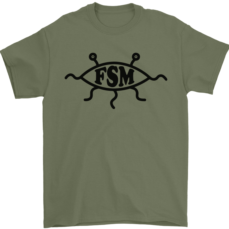 FSM Church Flying Spagetti Monster Atheist Mens T-Shirt Cotton Gildan Military Green
