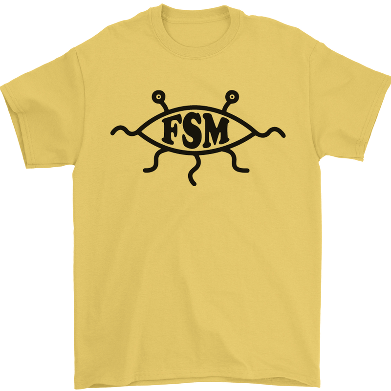 FSM Church Flying Spagetti Monster Atheist Mens T-Shirt Cotton Gildan Yellow