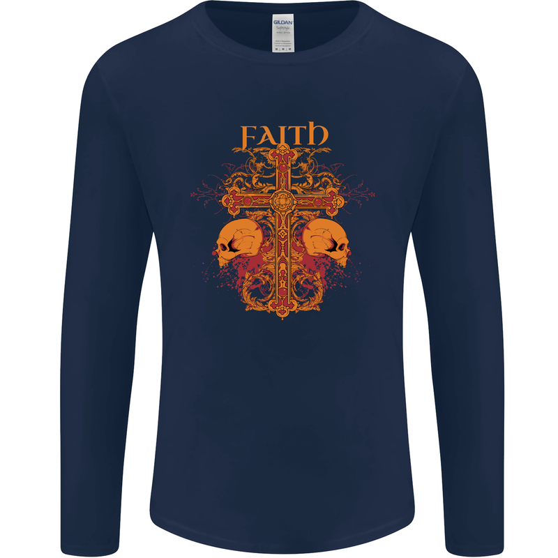 Faith Demonic Skulls Gothic Heavy Metal Mens Long Sleeve T-Shirt Navy Blue
