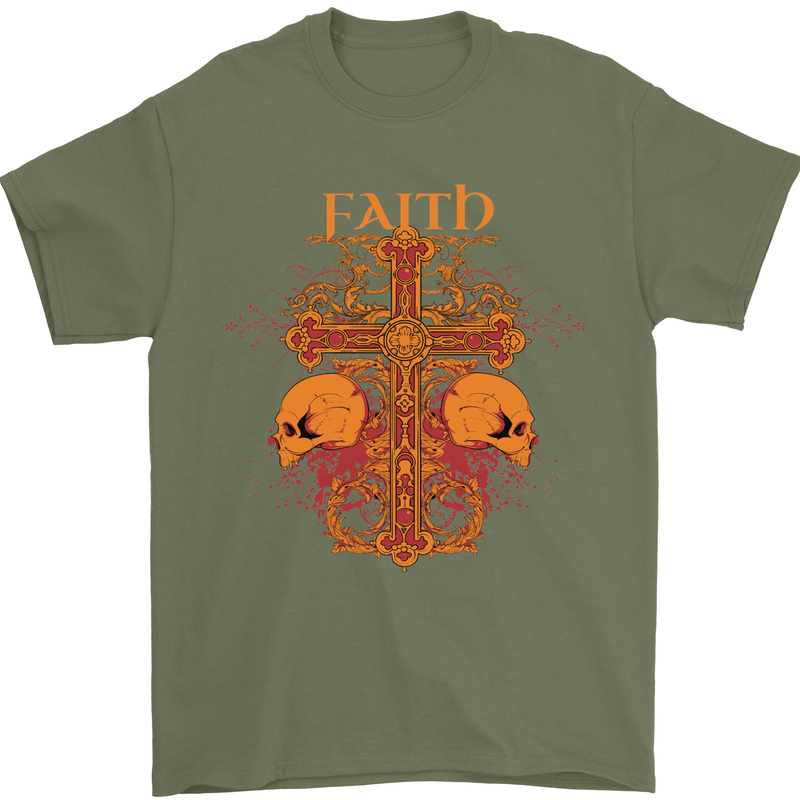 Faith Demonic Skulls Gothic Heavy Metal Mens T-Shirt Cotton Gildan Military Green