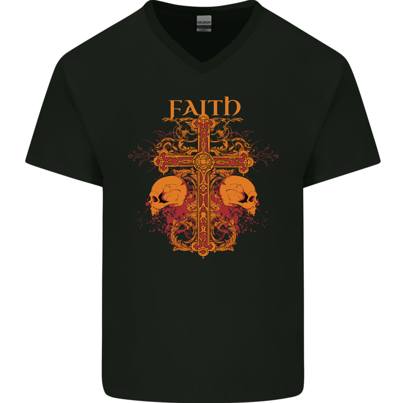 Faith Demonic Skulls Gothic Heavy Metal Mens V-Neck Cotton T-Shirt Black