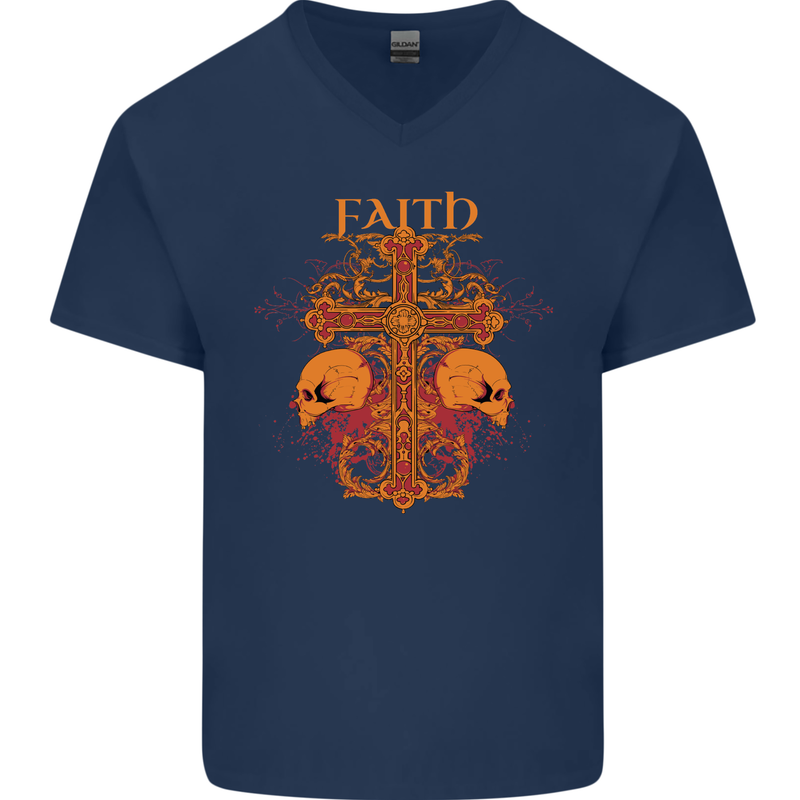Faith Demonic Skulls Gothic Heavy Metal Mens V-Neck Cotton T-Shirt Navy Blue
