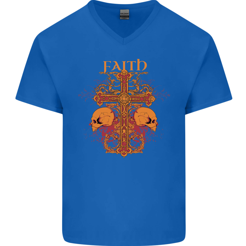 Faith Demonic Skulls Gothic Heavy Metal Mens V-Neck Cotton T-Shirt Royal Blue