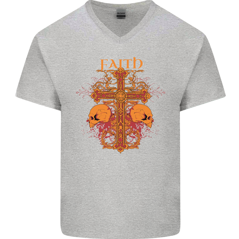 Faith Demonic Skulls Gothic Heavy Metal Mens V-Neck Cotton T-Shirt Sports Grey