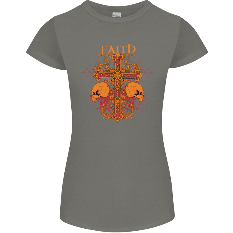Faith Demonic Skulls Gothic Heavy Metal Womens Petite Cut T-Shirt Charcoal