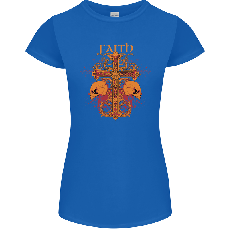 Faith Demonic Skulls Gothic Heavy Metal Womens Petite Cut T-Shirt Royal Blue