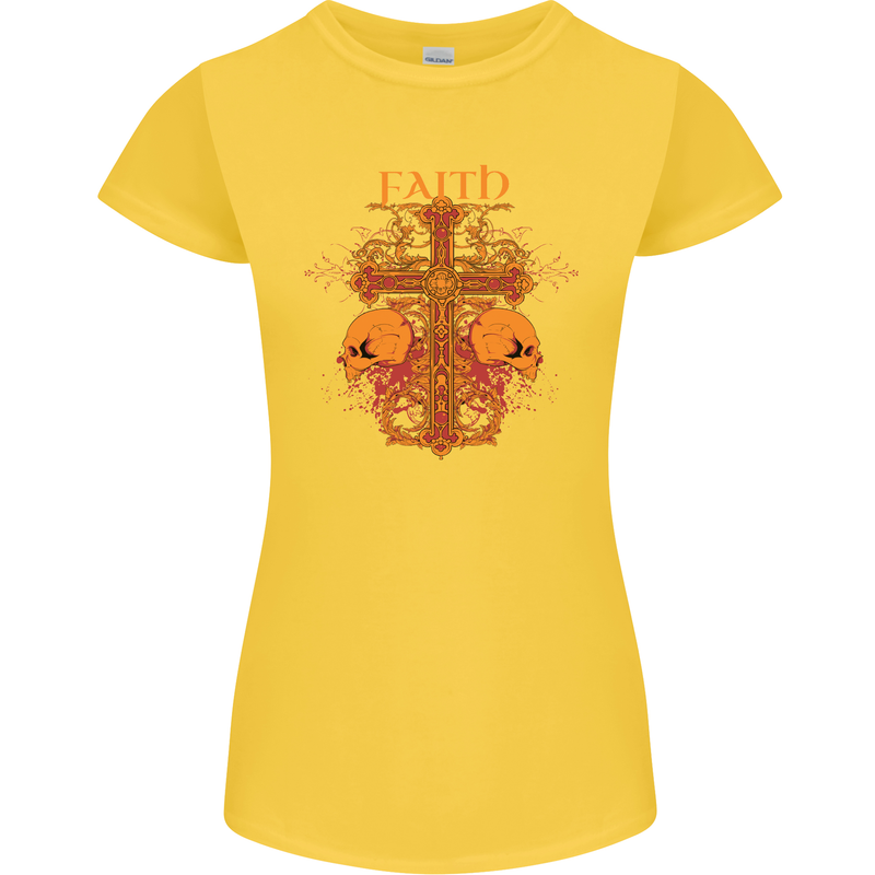 Faith Demonic Skulls Gothic Heavy Metal Womens Petite Cut T-Shirt Yellow