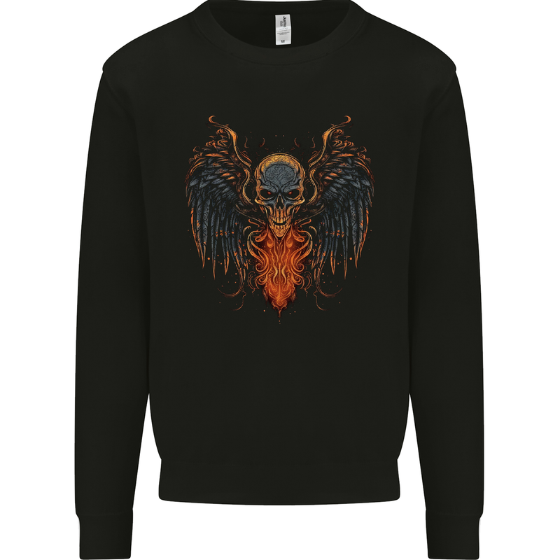 Fallen Angel Skull Demon Wing Flames Kids Sweatshirt Jumper Black