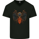 Fallen Angel Skull Demon Wing Flames Mens V-Neck Cotton T-Shirt Black