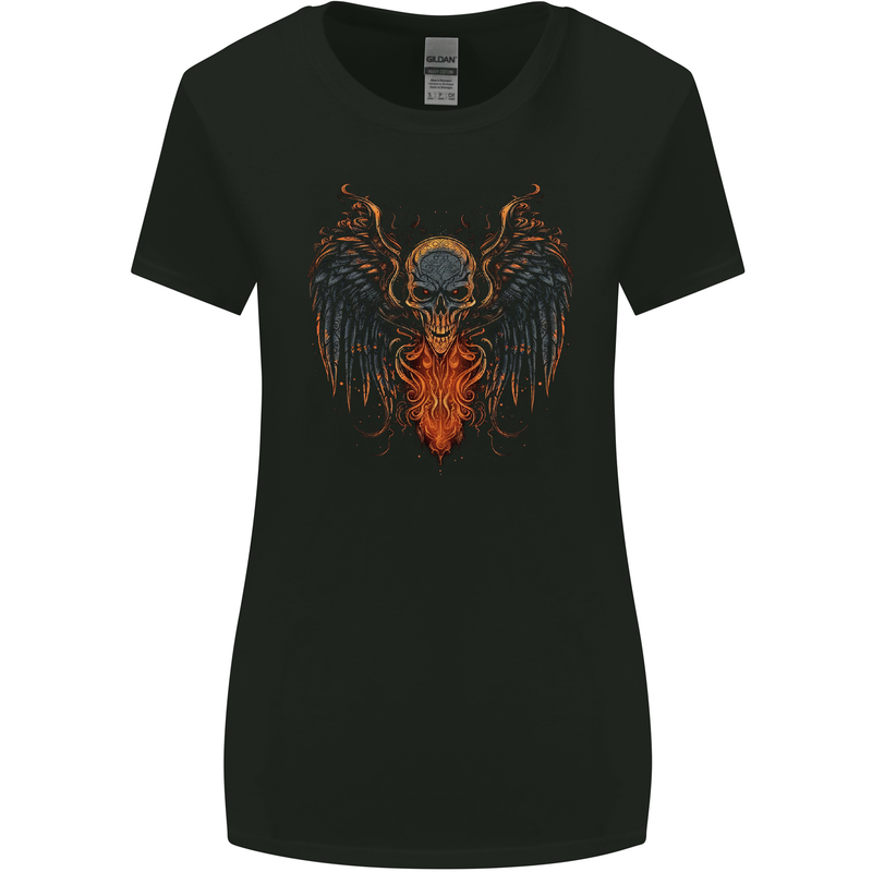 Fallen Angel Skull Demon Wing Flames Womens Wider Cut T-Shirt Black