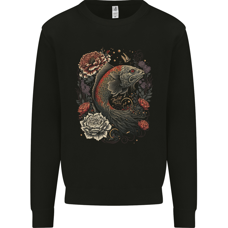Fantasy Dragon Fish With Roses Kids Sweatshirt Jumper Black