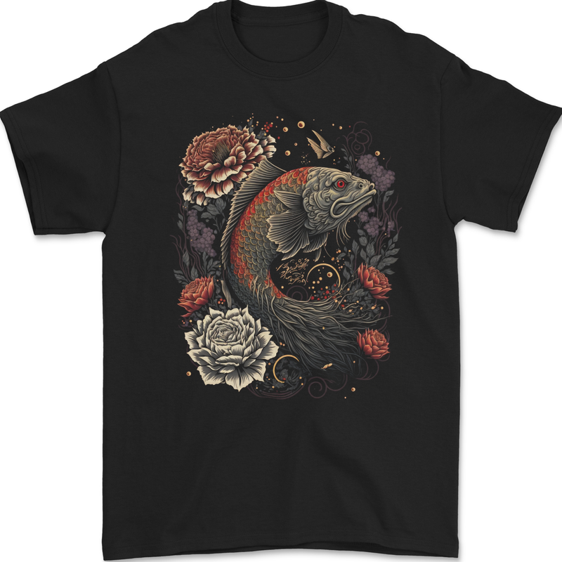 Fantasy Dragon Fish With Roses Mens Gildan Cotton T-Shirt Black