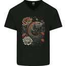 Fantasy Dragon Fish With Roses Mens V-Neck Cotton T-Shirt Black