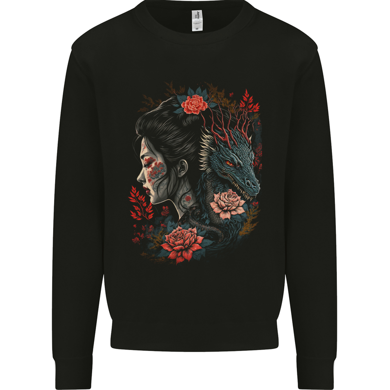 Fantasy Geisha Girl With Dragon & Roses Kids Sweatshirt Jumper Black