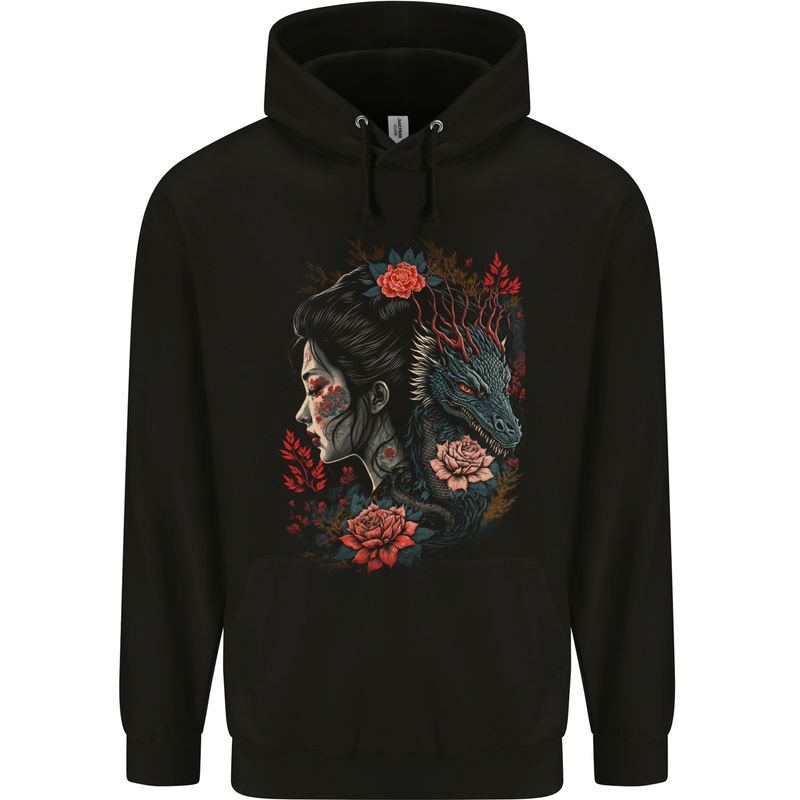 Fantasy Geisha Girl With Dragon & Roses Mens 80% Cotton Hoodie Black