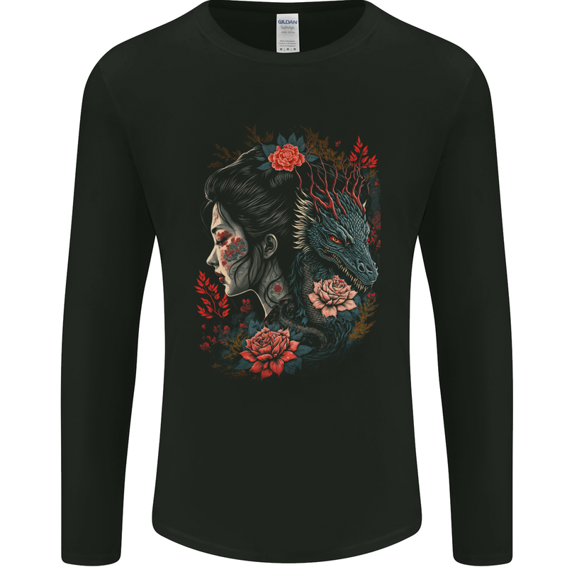 Fantasy Geisha Girl With Dragon & Roses Mens Long Sleeve T-Shirt Black