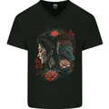 Fantasy Geisha Girl With Dragon & Roses Mens V-Neck Cotton T-Shirt Black