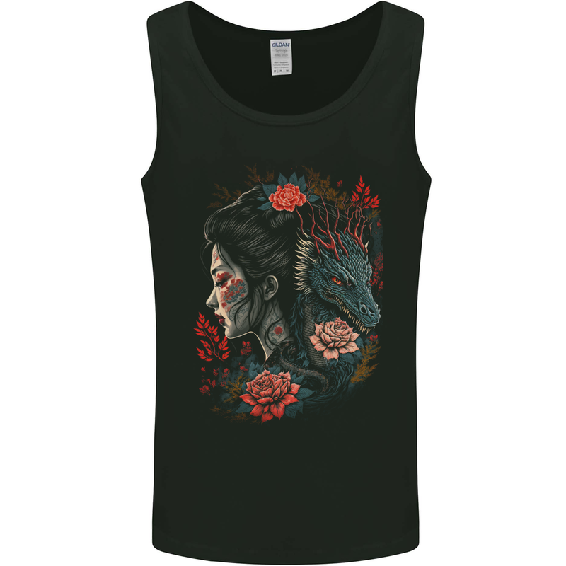 Fantasy Geisha Girl With Dragon & Roses Mens Vest Tank Top Black