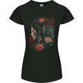 Fantasy Geisha Girl With Dragon & Roses Womens Petite Cut T-Shirt Black