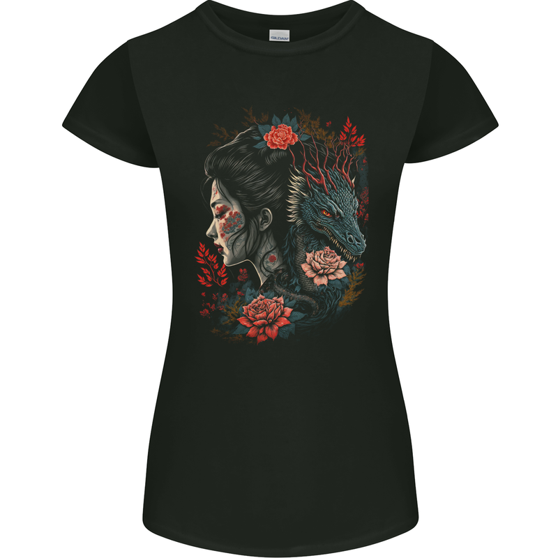 Fantasy Geisha Girl With Dragon & Roses Womens Petite Cut T-Shirt Black
