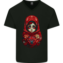 Fantasy Matryoshka Doll Russian Girl Mens V-Neck Cotton T-Shirt Black