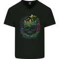 Fantasy Skull King in a Reath Mens V-Neck Cotton T-Shirt Black
