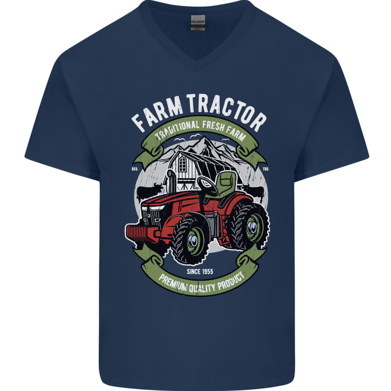 Farm Tractor Farming Farmer Mens V-Neck Cotton T-Shirt Navy Blue
