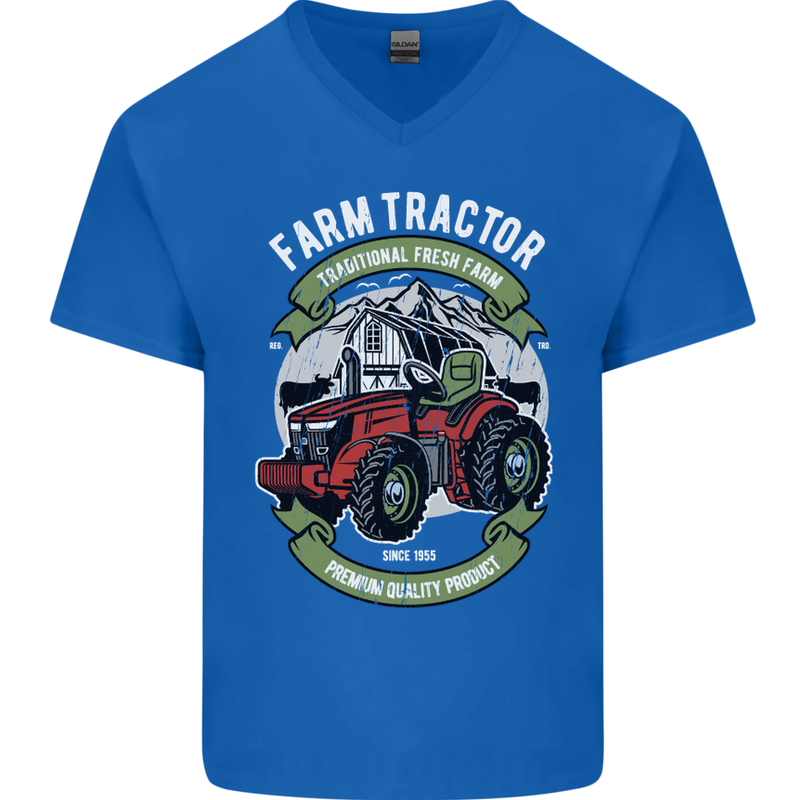 Farm Tractor Farming Farmer Mens V-Neck Cotton T-Shirt Royal Blue