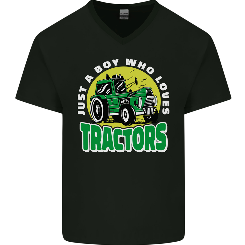 Farming Just a Boy Who Loves Tractors Mens V-Neck Cotton T-Shirt Black