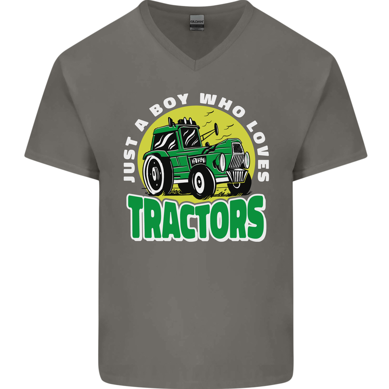 Farming Just a Boy Who Loves Tractors Mens V-Neck Cotton T-Shirt Charcoal