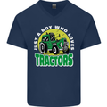 Farming Just a Boy Who Loves Tractors Mens V-Neck Cotton T-Shirt Navy Blue