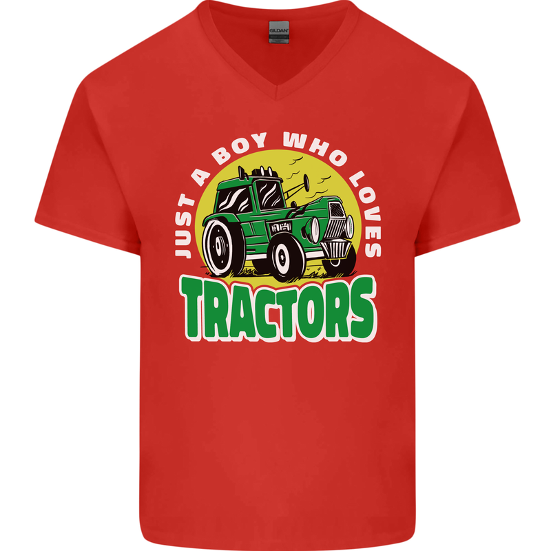 Farming Just a Boy Who Loves Tractors Mens V-Neck Cotton T-Shirt Red