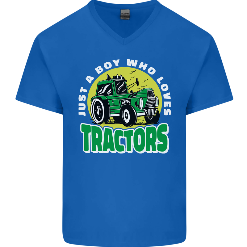 Farming Just a Boy Who Loves Tractors Mens V-Neck Cotton T-Shirt Royal Blue
