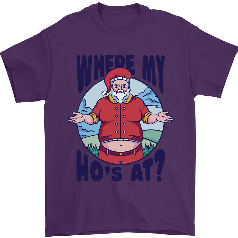 Father Christmas Where My Ho's at? Mens T-Shirt Cotton Gildan Purple