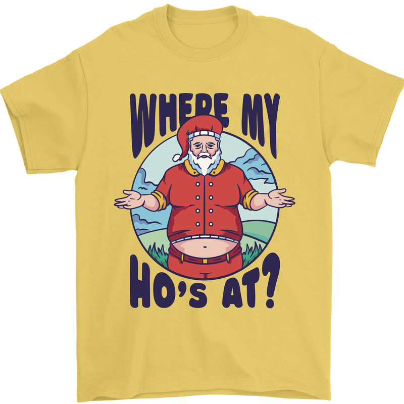Father Christmas Where My Ho's at? Mens T-Shirt Cotton Gildan Yellow