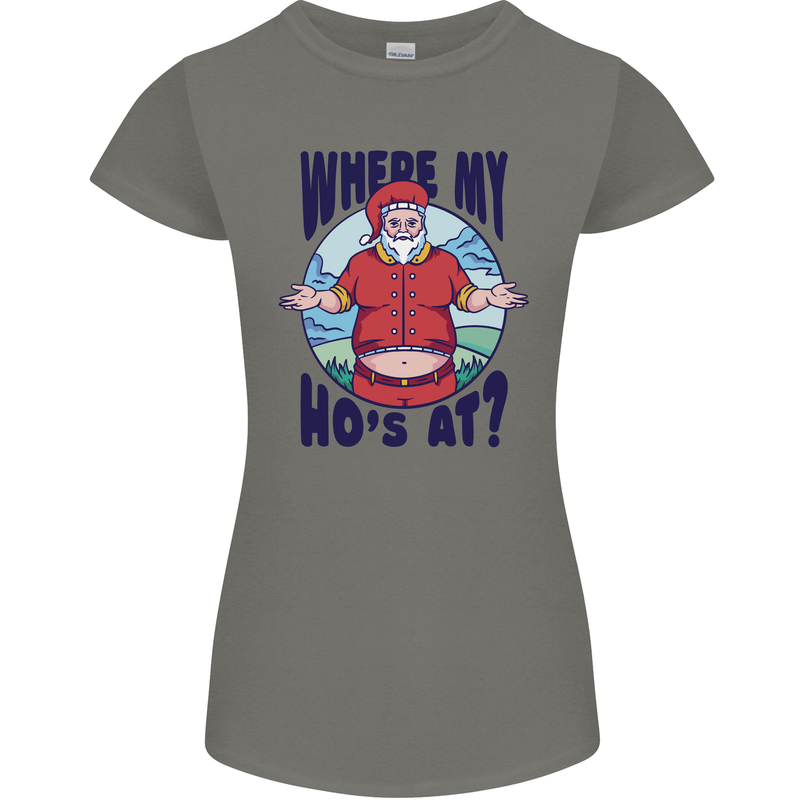 Father Christmas Where My Ho's at? Womens Petite Cut T-Shirt Charcoal